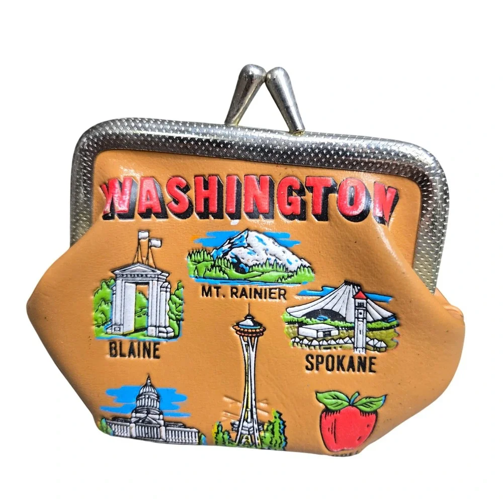 Vintage Washington State Souvenir Wallet Coin Purse Kiss Lock Mount Faux Leather